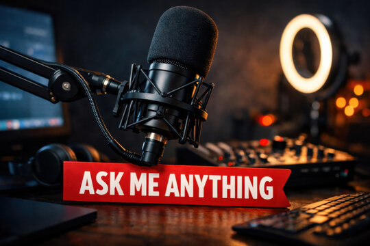 Podcast microphone with red banner for an ask me anything session. Moody dark background and content creator setup create professional atmosphere for broadcasting and streaming