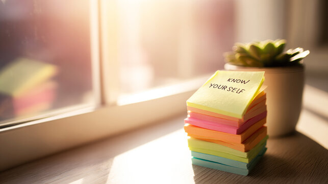 Stack of colorful sticky notes with the message KNOW YOUR SELF illuminated by morning sun, inspiring self awareness