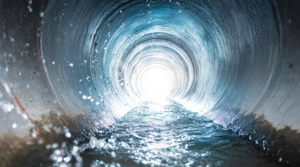 Fototapeta premium Water flowing through a concrete tunnel with bright light at the end, representing progress and a path forward