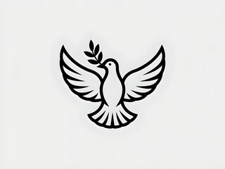 Obraz premium Dove holding an olive branch symbolizing peace and harmony, black outline on a white background