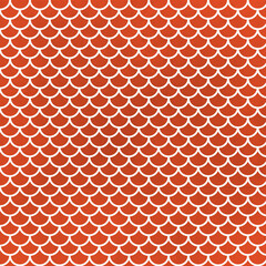 Orange fish scale seamless pattern with white scallop outline. Bright retro geometric background ideal for fabric, packaging, wallpaper and summer themed projects. © MedReda