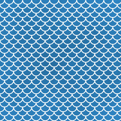 Blue fish scale seamless pattern with white scallop lines. Clean marine inspired background for wallpaper, textile, bathroom decor and nautical branding. © MedReda