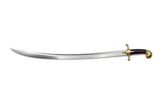Elegant curved saber with ornate gold hilt and dark wood handle on black