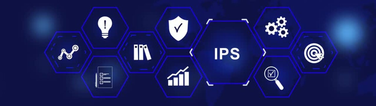 IPS acronym. Intrusion prevention system acronym. Business concept. Modern business technology interface with gears and digital network icons, 4K animation background.