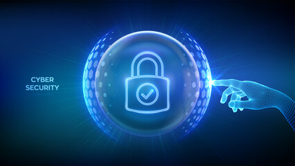 Cyber security concept. Network safety. Hand touching transparent protection sphere shield with hexagon pattern with Padlock and Check mark icon inside. Information privacy. Vector Illustration. © iuriimotov