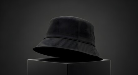 Black textured bucket hat displayed on a dark cube for modern fashion apparel product photography