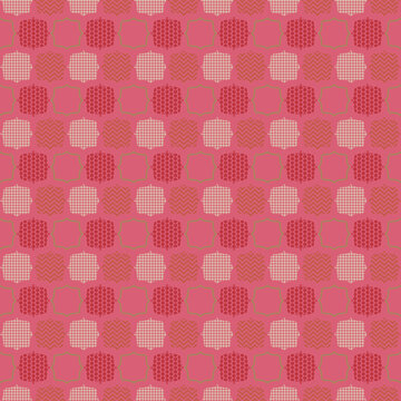 Pink patchwork tile seamless pattern with chevron, dots and houndstooth textures. Trendy decorative background for fabric, fashion prints and scrapbooking.