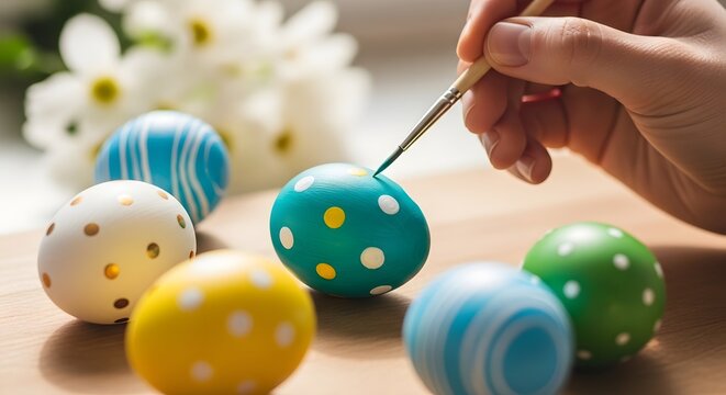 Easter sunday egg decorating with handheld tool and colorful easter eggs