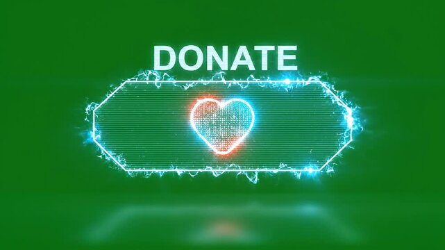 Animated glowing digital 'DONATE' button with heart icon on a vibrant green screen background.
