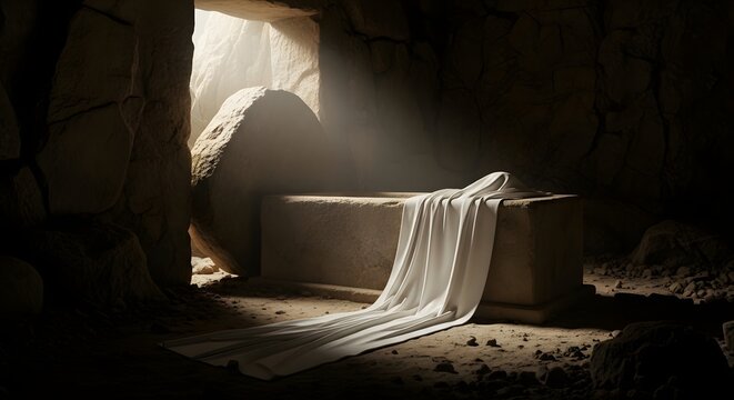 Easter sunday resurrection scene with empty tomb and shroud