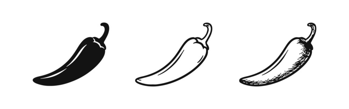 Chili Pepper Icon Set: Hot and Spicy Vegetable Symbols in Solid, Outline, and Hand-Drawn Styles for Food