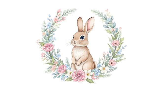 Easter sunday bunny wreath with flowers and greenery illustration