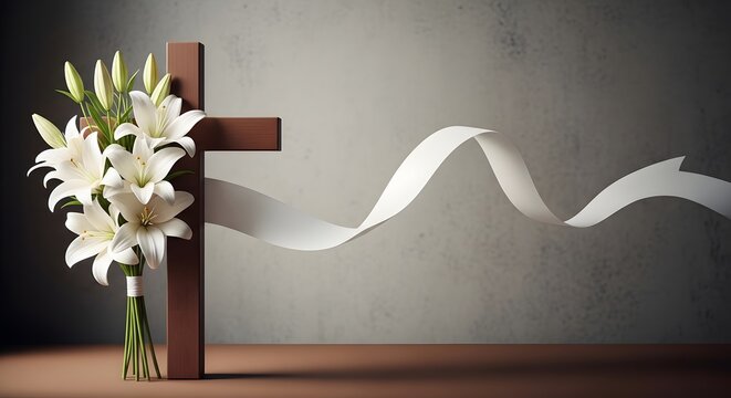 Easter sunday celebration with cross and white lilies symbolizing resurrection and hope
