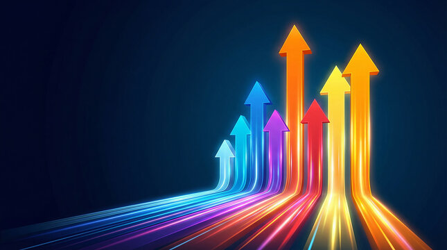 Colorful arrows soaring upwards indicating growth and success, abstract light streaks on dark blue background.