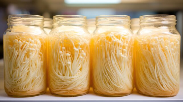 Shotgun-style glass bottles filled with delicate pickled enoki mushrooms, showcasing preserved culinary ingredients