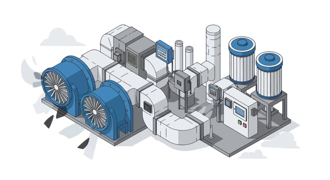 Isometric illustration of an industrial air handling unit system.