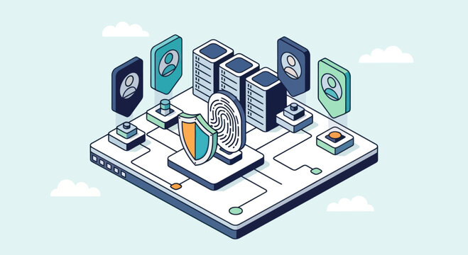 Isometric illustration of data security and privacy with servers and shield.