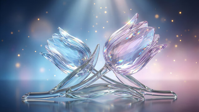 Beautiful bi-color aqua blue and lavender crystal glass tulip twins, glittering sparkles, top light beams, resting on smooth surface, blurred soft bokeh background, fantastical jewel flower concept