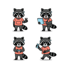 Obraz premium Cartoon raccoons in trendy outfits using gadgets with various gestures