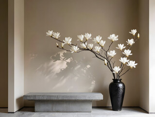 Minimalist interior with elegant floral arrangement and bench