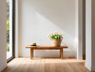 Minimalist interior with wooden bench and tulip decoration