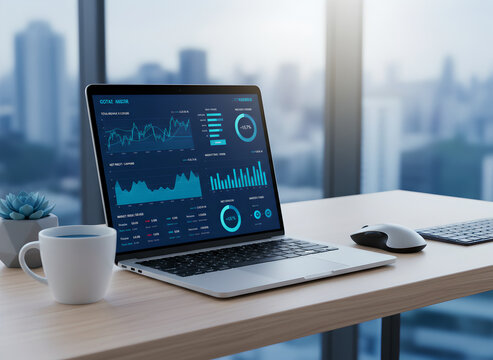 A sleek, modern laptop sits on a light wooden desk, featuring a comprehensive financial data dashboard with dark blue charts and graphs. The workspace is clean and minimalist.