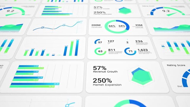 Business intelligence and financial performance analysis report on white background, animated infographic bar chart, investment data analytic graph dashboard, success corporate market statistics trend