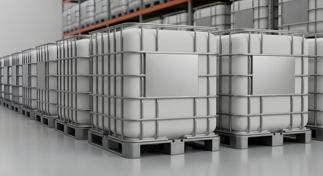 White rectangular IBC containers with metal cages on pallets in a modern industrial warehouse for bulk storage