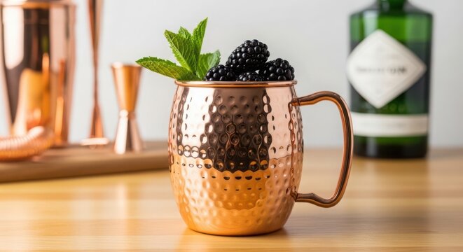 A copper moscow mule mug filled with blackberries and mint leaves on a wooden table with a bottle and jigger in the background for a refreshing summer cocktail