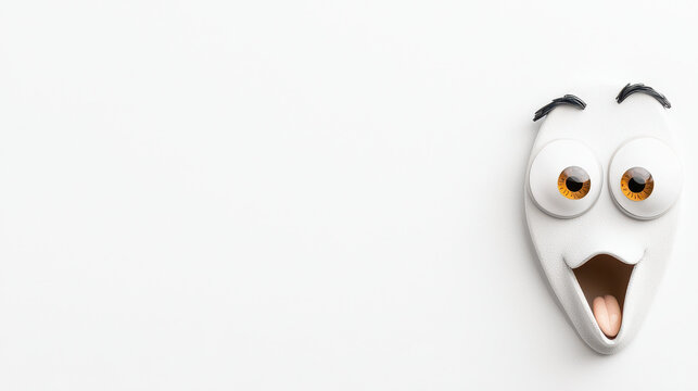 Cartoon face with wide open eyes and surprised expression, featuring white background. character has joyful demeanor, enhancing its playful nature