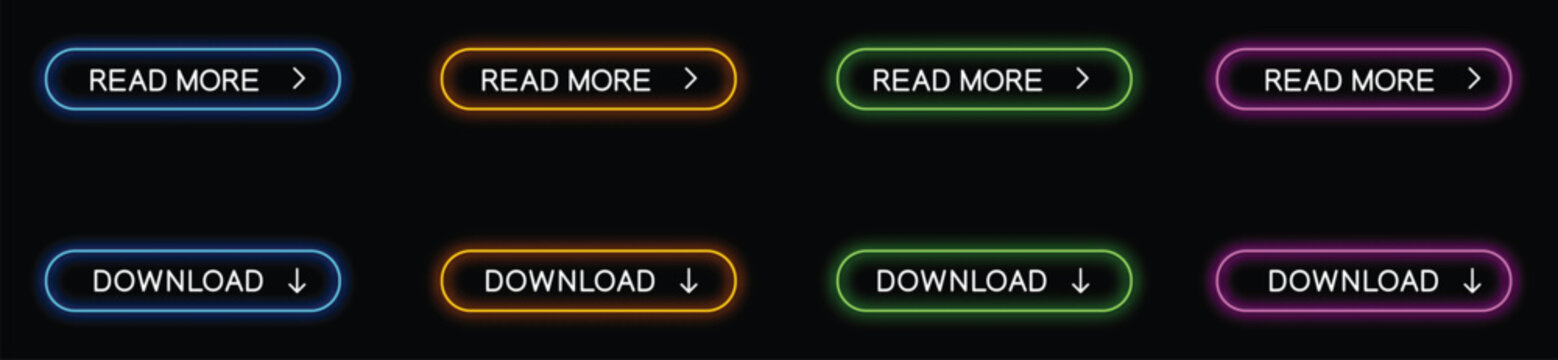Colorful download and read more buttons set with glowing neon effects on dark background for web design