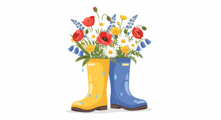 Yellow and blue rubber boots filled with a vibrant bouquet of red poppies, white daisies, bluebells, and yellow flowers, with raindrops.