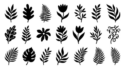 Hand Drawn Botanical Leaf Silhouettes and Floral Doodle Vector Set