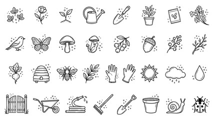 Hand Drawn Gardening Tools and Nature Doodle Icon Vector Set