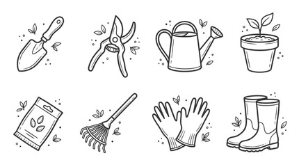 Hand Drawn Gardening Tools and Horticulture Doodle Icon Vector Set
