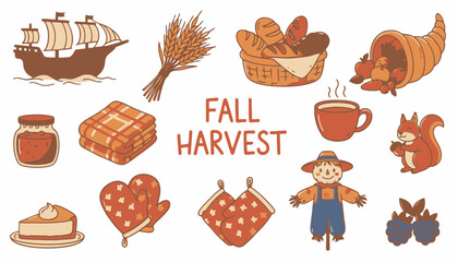 Charming Fall Harvest and Thanksgiving Icon Set &ndash; Hand-Drawn Cartoon Doodle Illustrations Featuring Autumn Food, Cozy Seasonal Elements, and Festive Holiday Symbols for Creative Projects