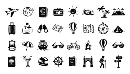 Hand Drawn Travel Adventure and Vacation Doodle Icon Vector Set