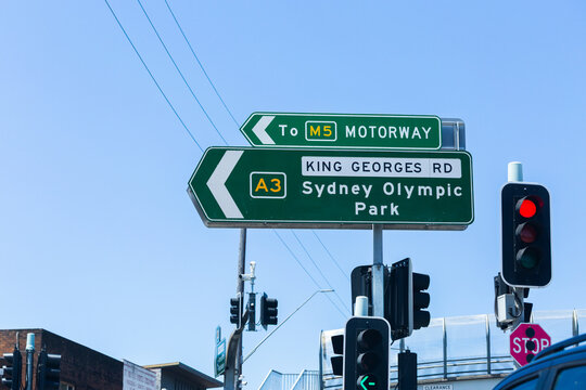 Green signs above traffic lights 10 M5 motorway and A3 King Georges road