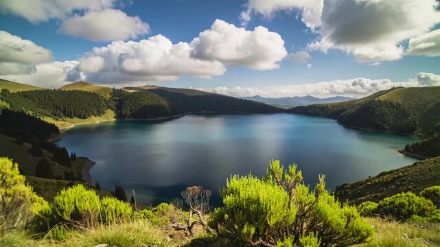 Scenic View of Lagoa das Sete Cid in Brazil Surrounded by Lush Green Mountains and Sky