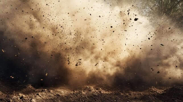 Dramatic Eruption of Dust Clouds and Flying Debris from Ground Impact under Bright Sunlight with Natural Light Reflections in a Rustic Outdoor Setting