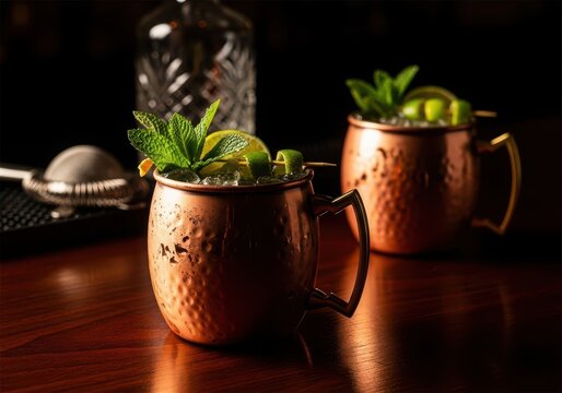 Two copper mugs filled with minty drinks on a wooden table with a blurred background