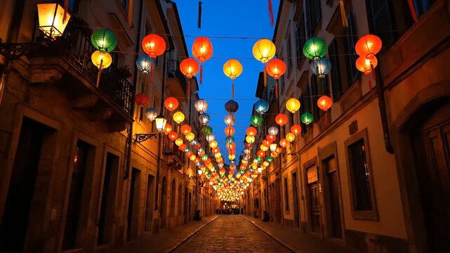 Colorful Lanterns Hanging in Narrow Street.