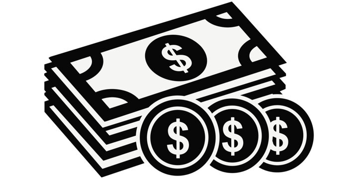 Money currency symbol stack of bills coins dollar sign financial wealth banking economy savings investment cash flat vector illustration