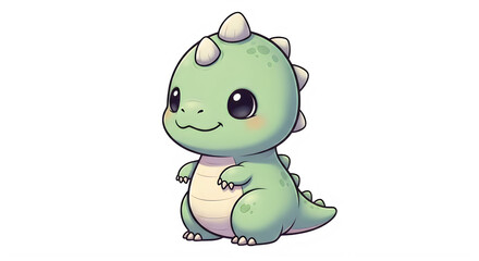 Naklejka premium Cute green dinosaur illustration with large eyes and small spikes stands on a plain white background, exuding a friendly and playful demeanor.
