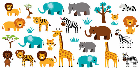 Colorful cartoon illustration featuring various african animals and lush greenery © Achinta
