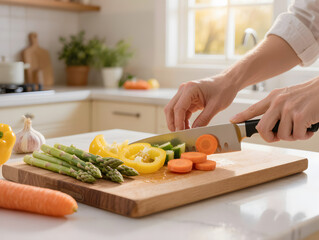 Person preparing fresh vegetables in a bright kitchen setting