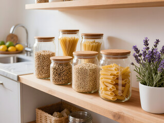 Pantry shelf with glass jars of pasta and cereals in modern kitchen
