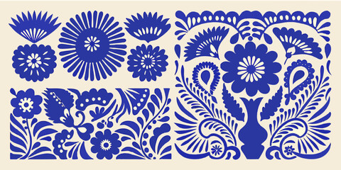 A collection of ornate symmetrical blue and white floral and botanical motifs © Achinta