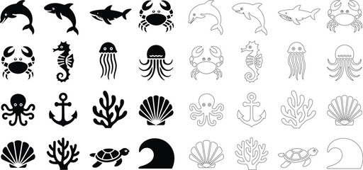 Fototapeta premium Collection of marine life and symbols in black and white