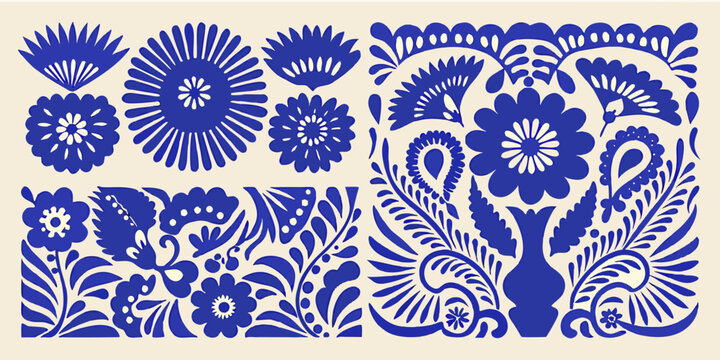 A collection of ornate symmetrical blue and white floral and botanical motifs